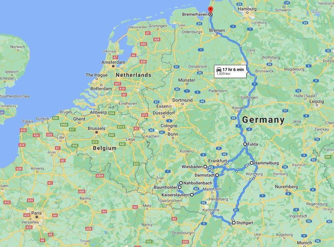 Map depicting the REFORGER 85 route in Germany