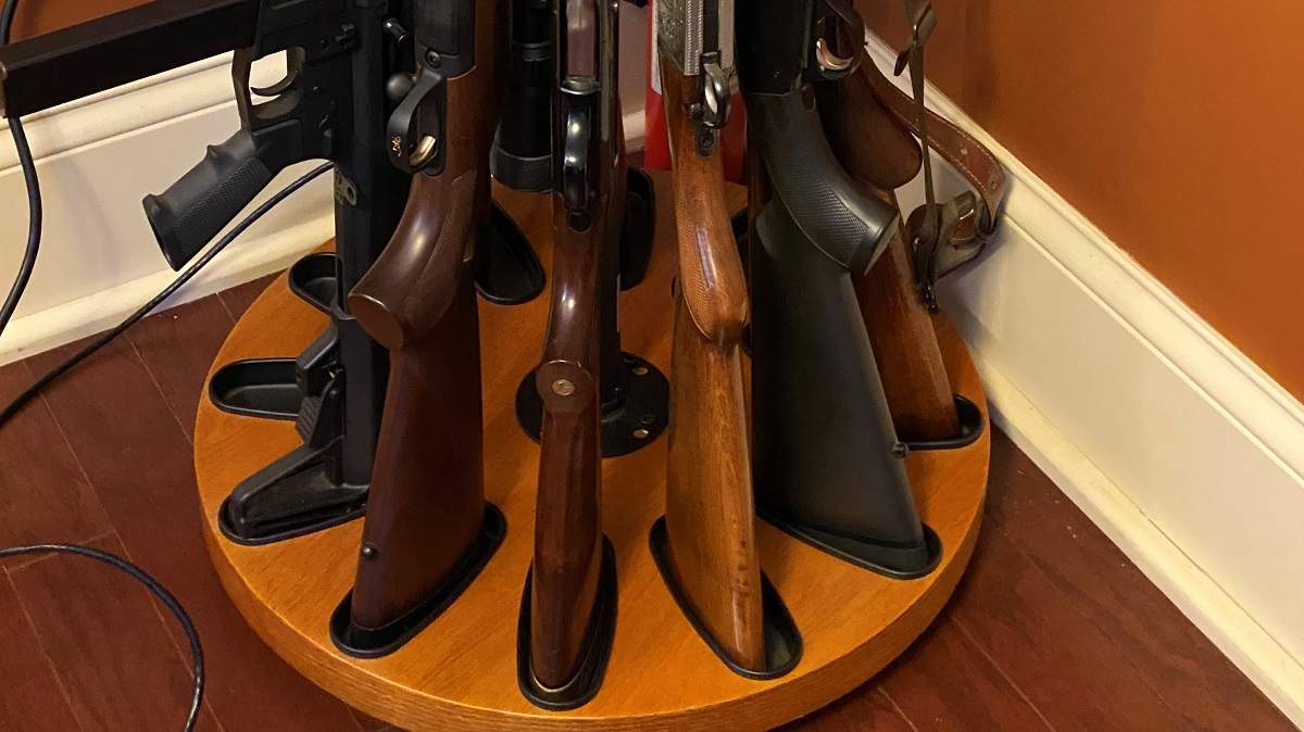 The rotating Winchester gun stand in my storage setup. The base keeps many long guns organized in a small footprint.