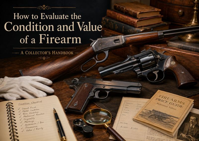 Collector workbench with a vintage revolver, inspection notes, bore light, and reference books for firearm valuation