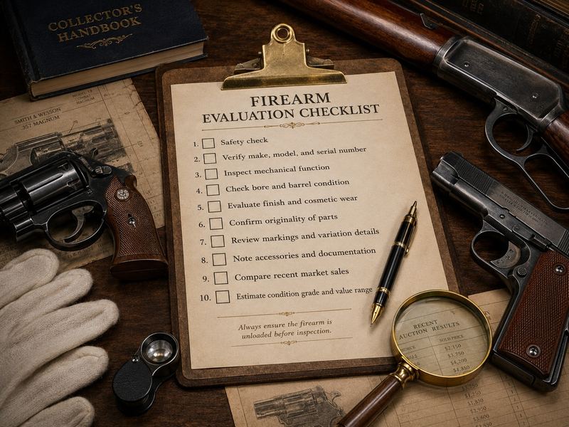 Firearm evaluation checklist with notes on condition, originality, serial numbers, and market research