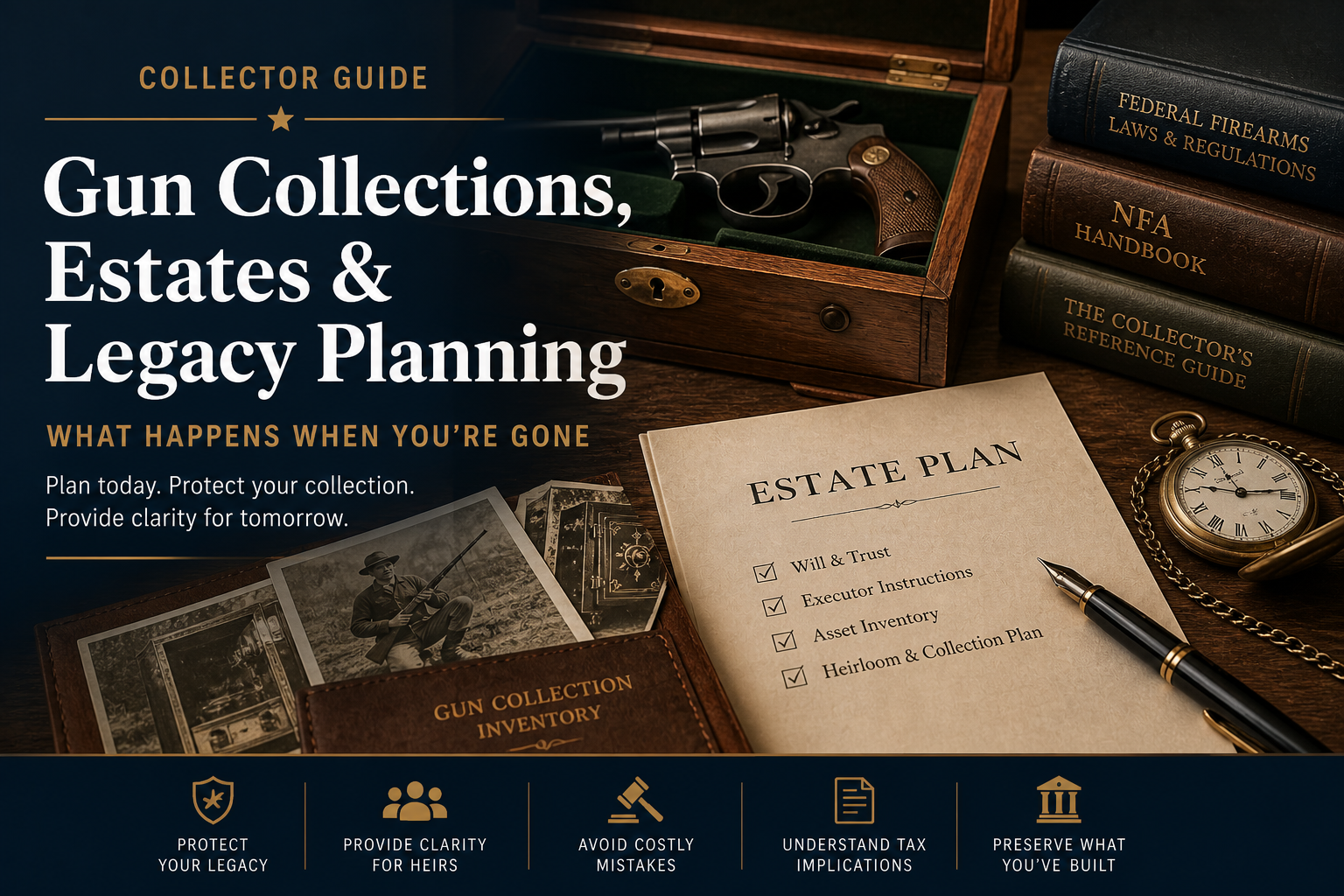 Estate planning paperwork, collector records, and classic firearms on a desk