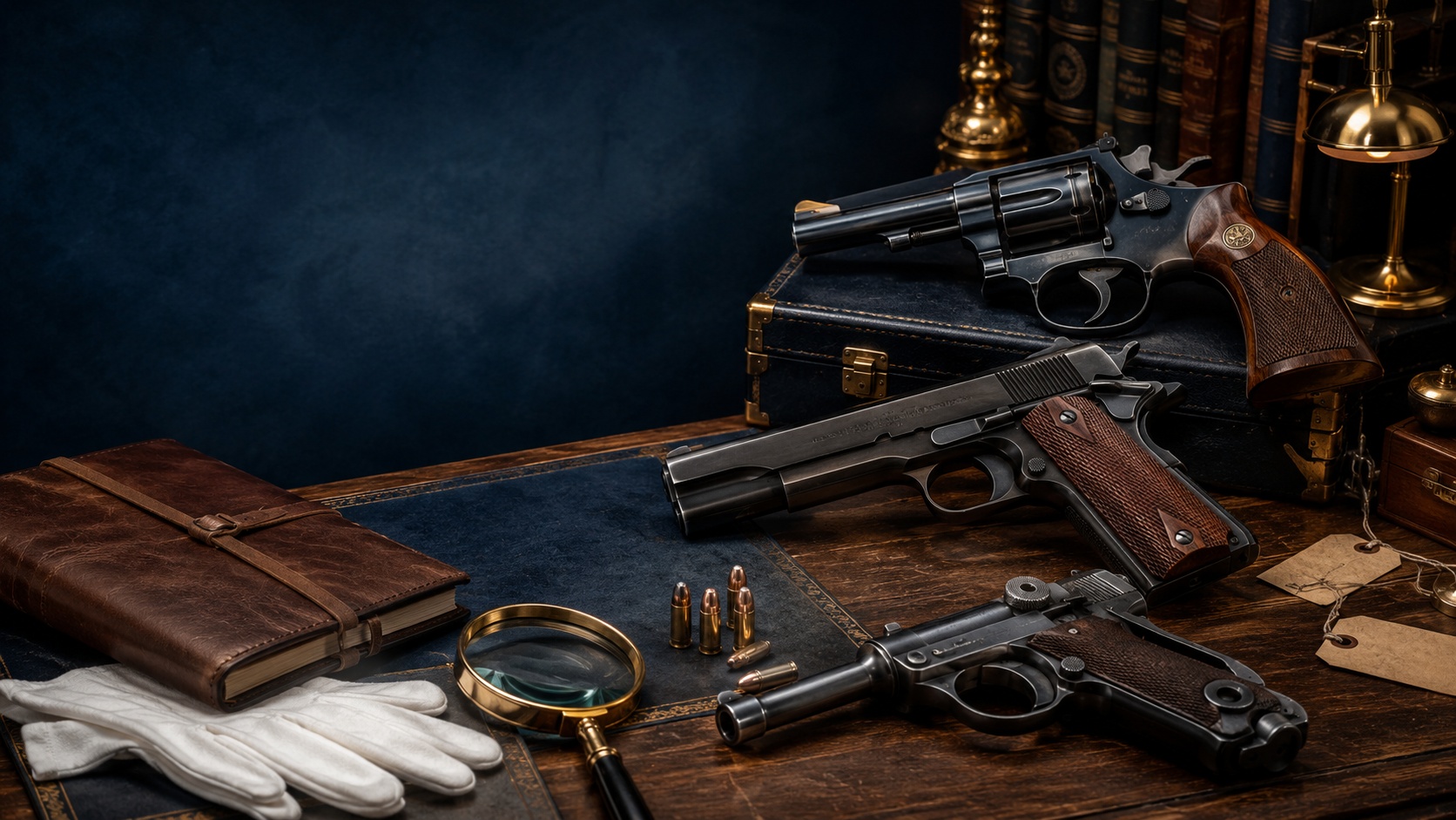 Collector desk with vintage handguns reference books serial number notes and preservation tools