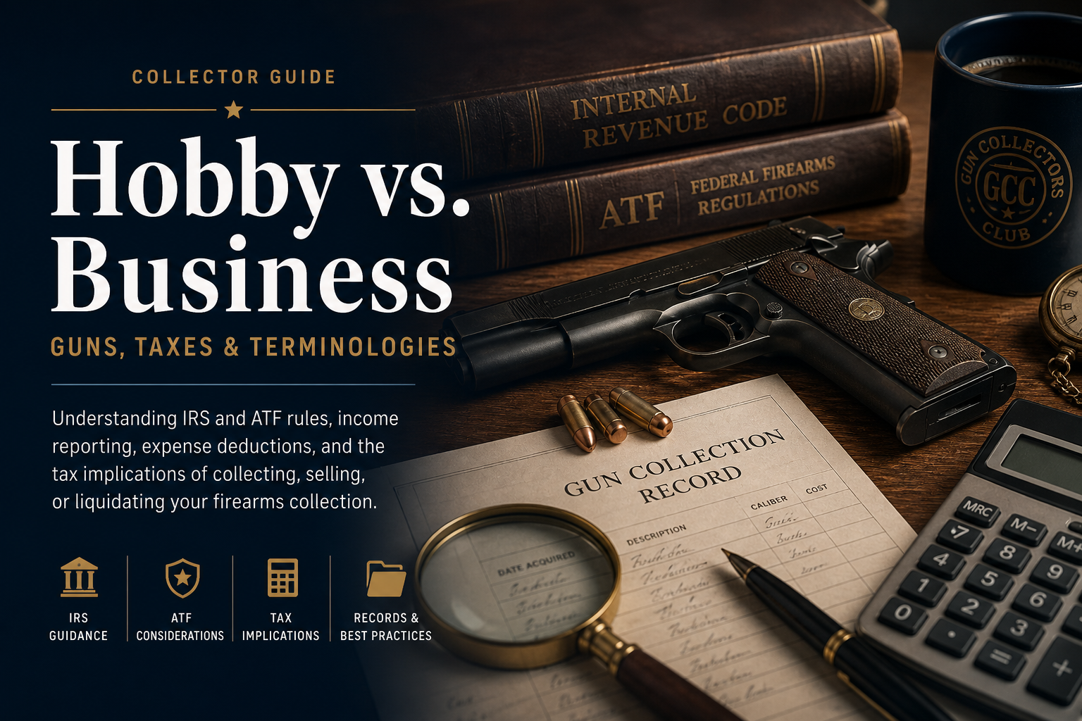 Business or hobby illustration for gun collecting and taxes