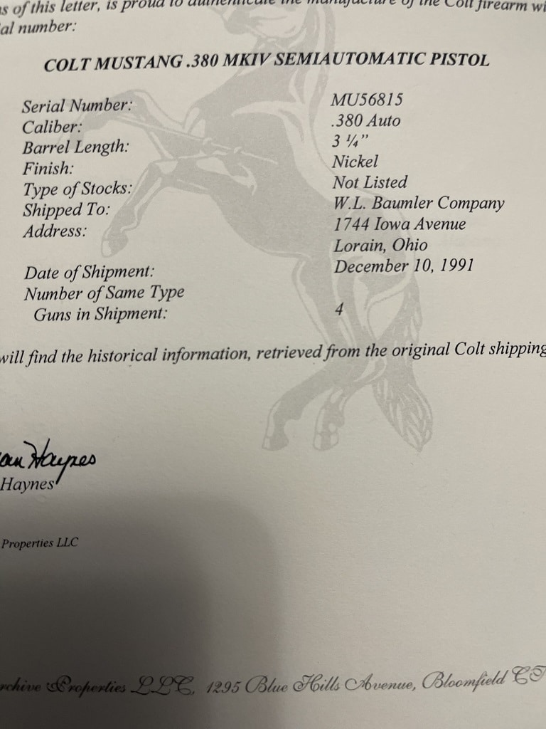 Colt Archive letter for Colt Mustang .380