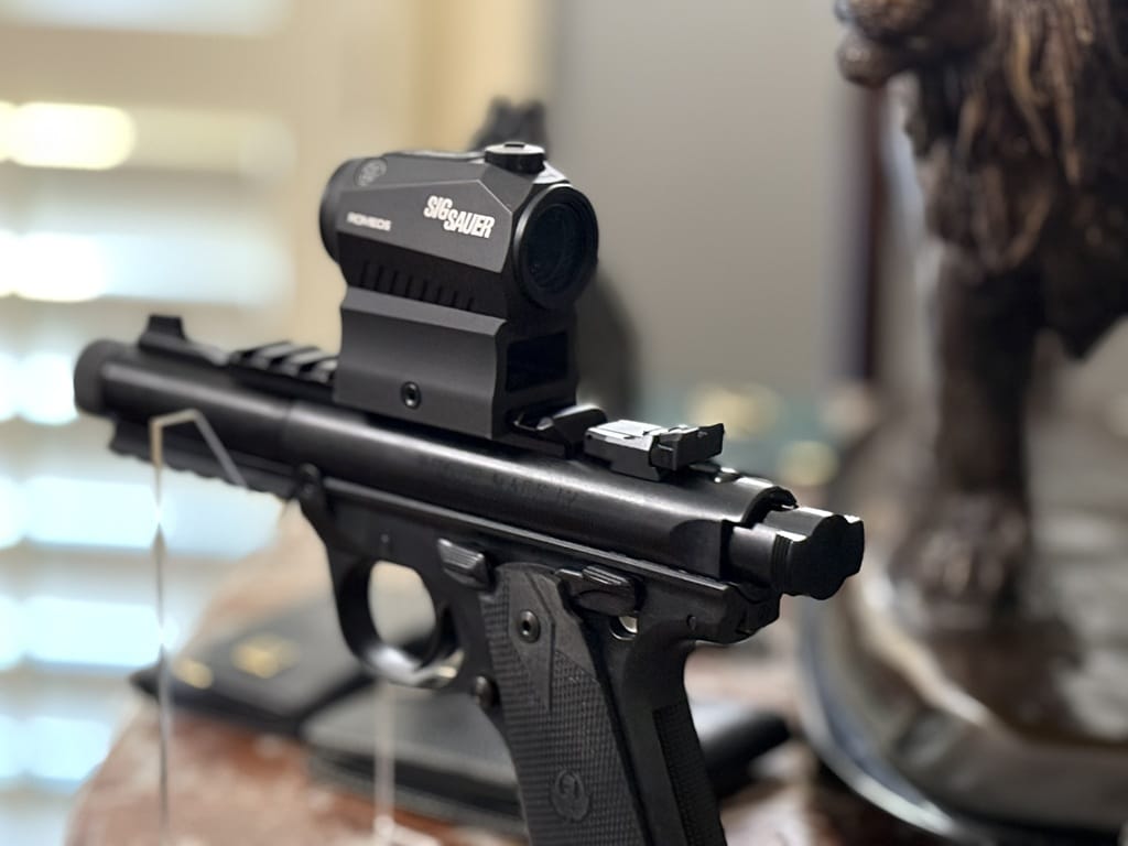 Rear three-quarter view of a Ruger 22 pistol with optic and display stand