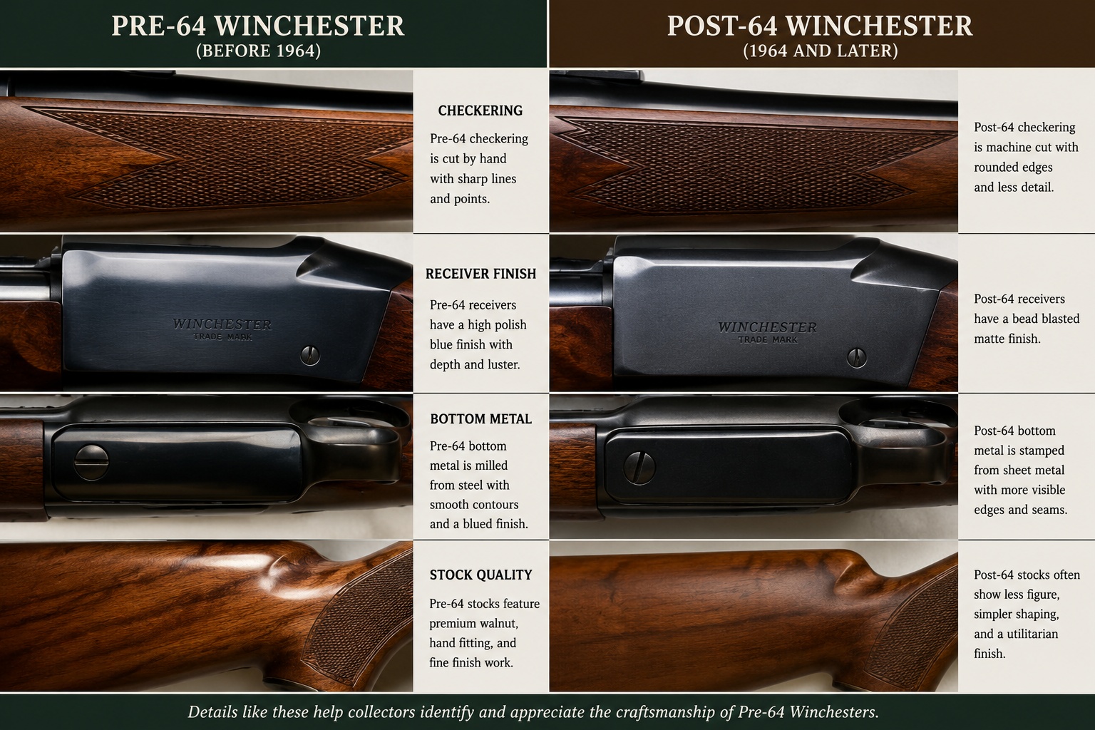 Side-by-side detail comparison of Pre-64 and post-64 Winchester checkering, receiver finish, and stock work
