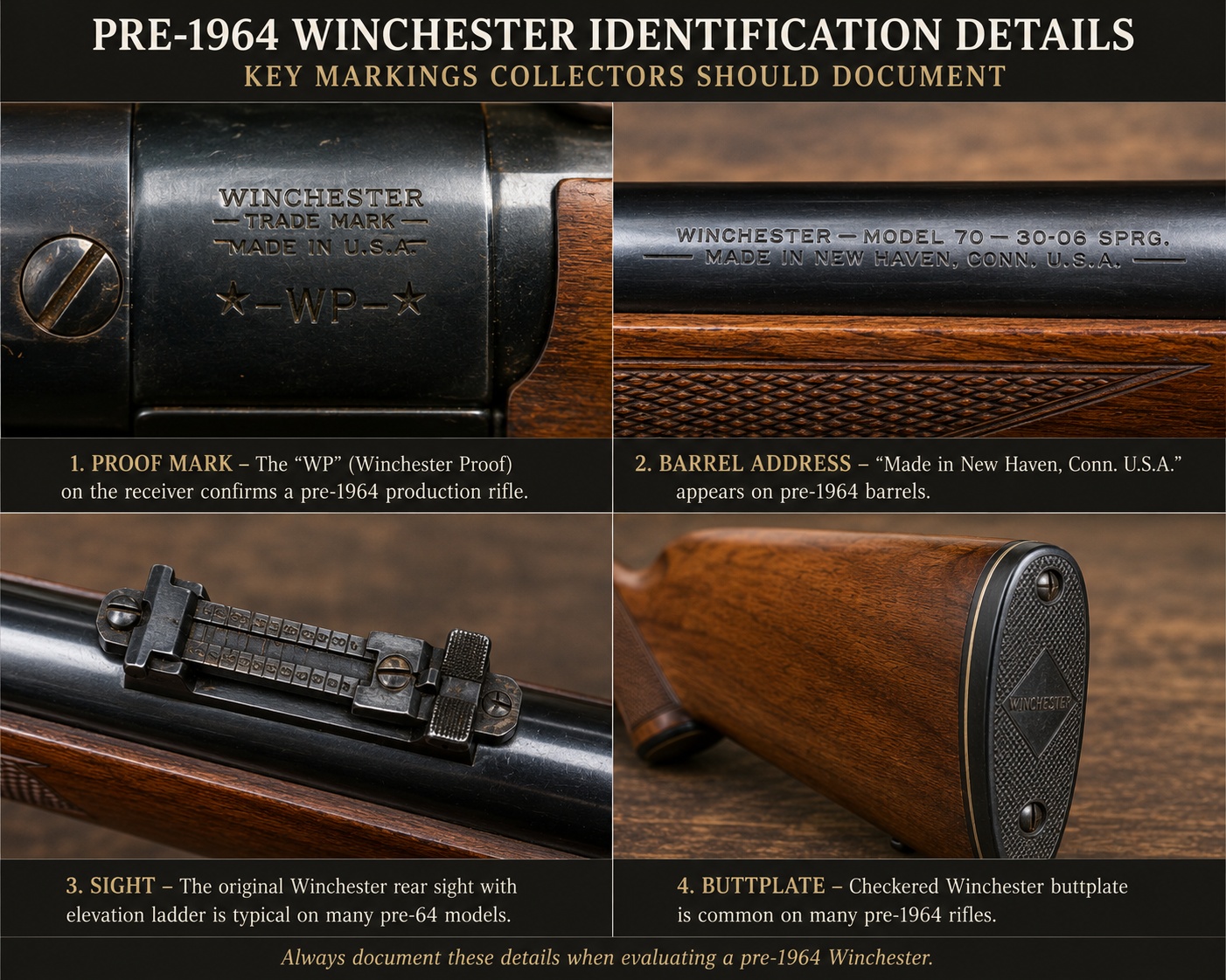 Closeup collage of Winchester proof mark, barrel address, sight, and buttplate identification details